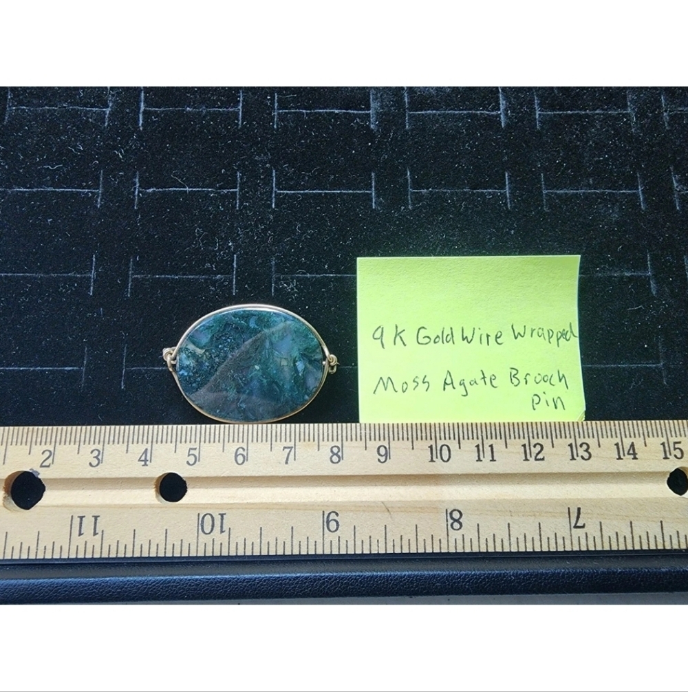Antique 9k Gold/Moss Agate Brooch Pin Tested+ Rare Color